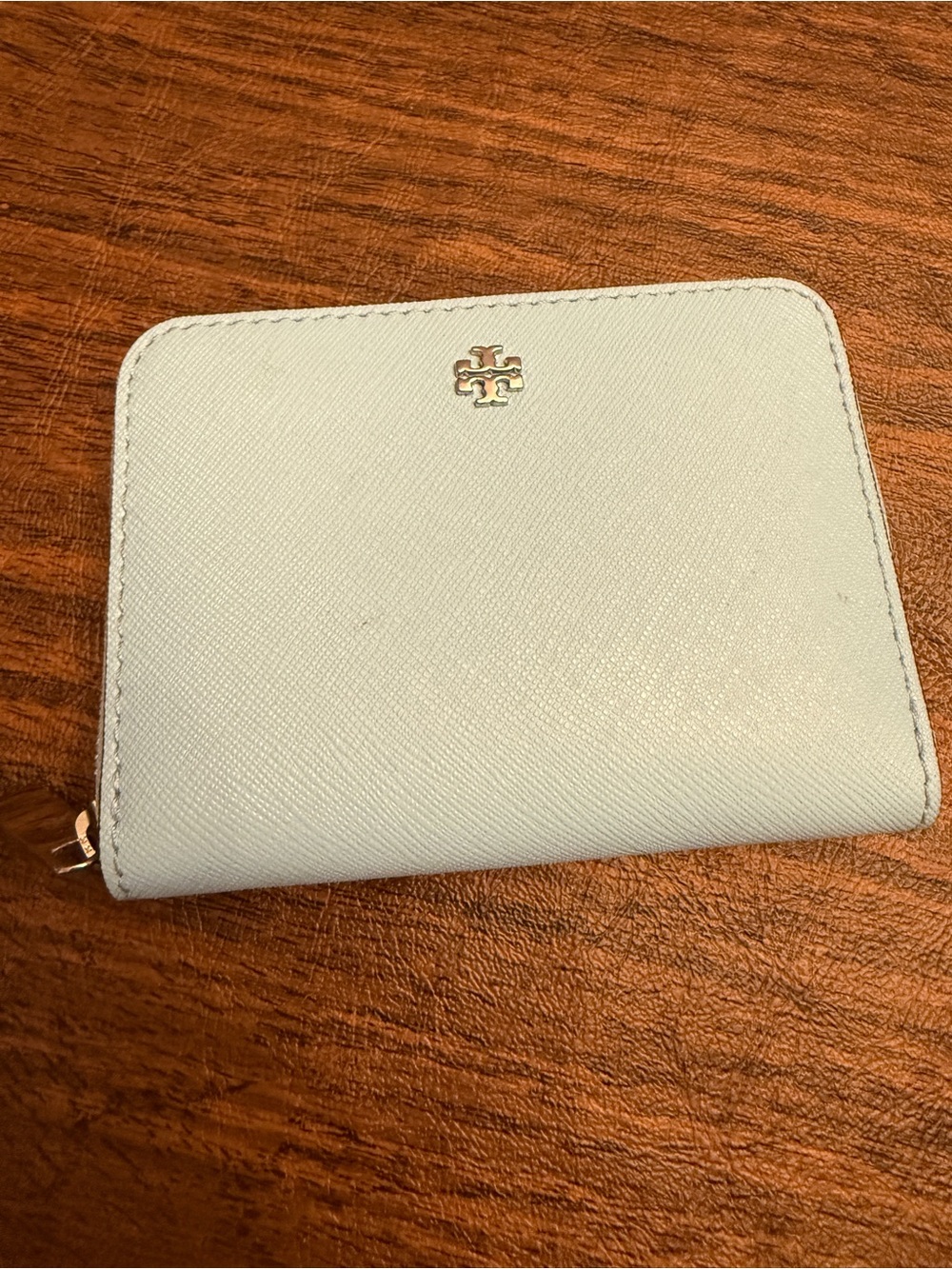 Tory Burch Powder Blue Saffiano Zip Wallet with Gold Logo